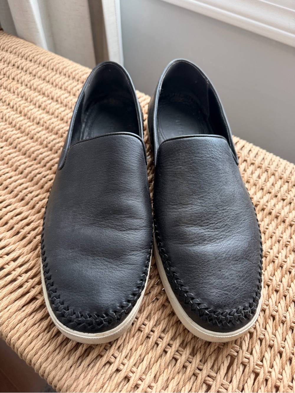 Vince Black Leather Slip-On Loafers with Whipstitch Detail